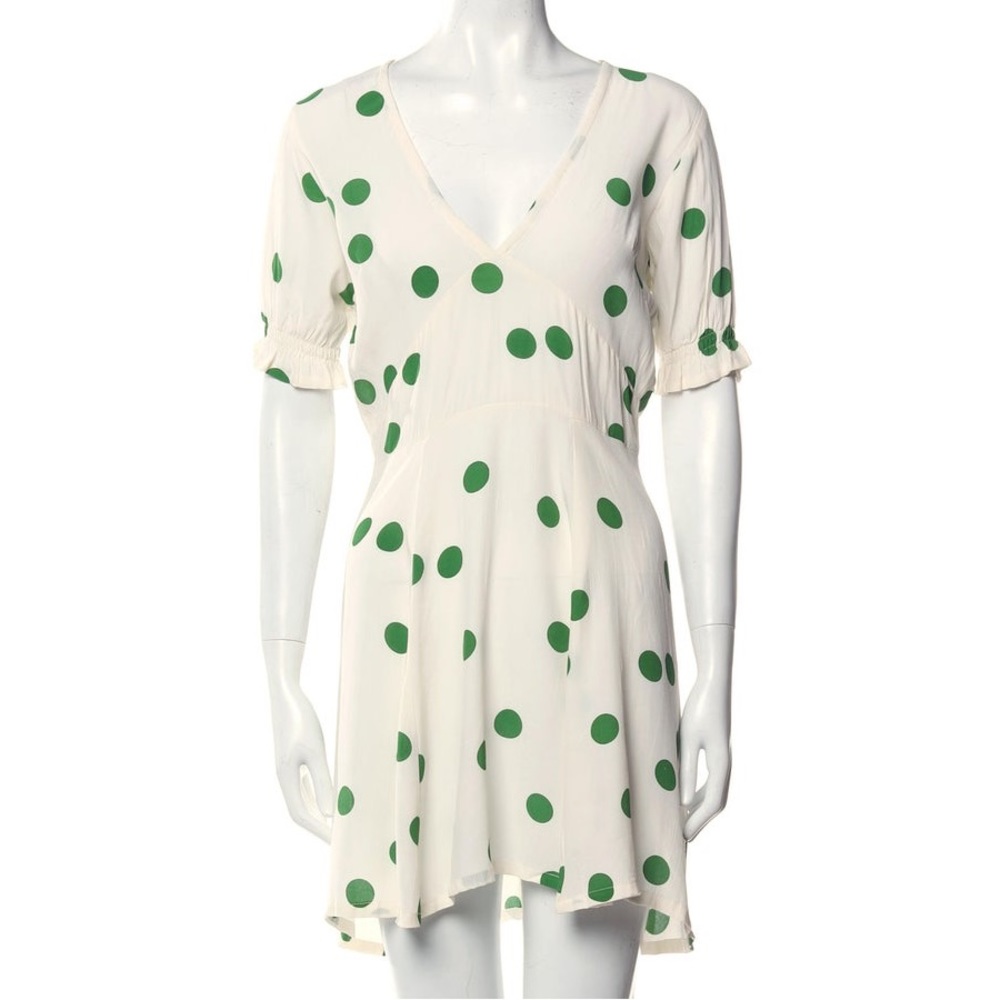 FAITHFULL THE BRAND La Belle Lolita White & Green Dot Print Mini Dress- Large